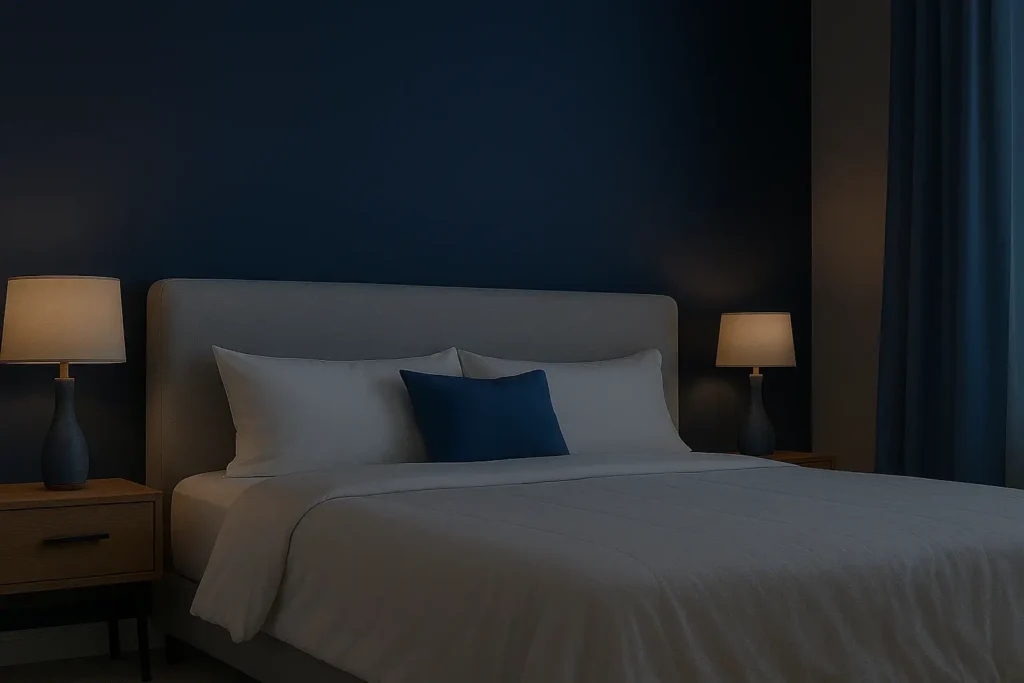 Quarto moderno com cama king size, cabeceira cinza clara, roupa de cama cinza, almofada azul e parede azul-marinho, iluminado por dois abajures laterais.